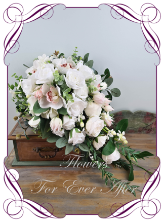 Silk artificial natives and roses white and blush tear bouquet, wedding bridal bouquet flowers. Native Australian silk wedding florals, unusual romantic realistic fake wedding flowers. Made in Melbourne Australia. Buy online..