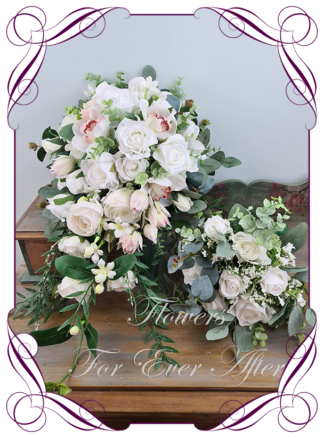 Silk artificial natives and roses white and blush tear bouquet, wedding bridal bouquet flowers. Native Australian silk wedding florals, unusual romantic realistic fake wedding flowers. Made in Melbourne Australia. Buy online..