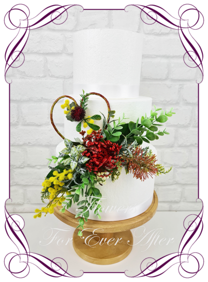 Silk artificial wedding engagement birthday cake flowers decoration. Native Australian floral cake design. Made in Melbourne. Buy online