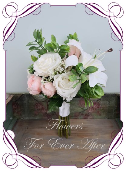 Silk artificial succulent, lilies and roses wedding bridal bouquet flowers. Blush pink and white silk wedding florals, unusual romantic realistic fake wedding flowers. Made in Melbourne Australia. Buy online..