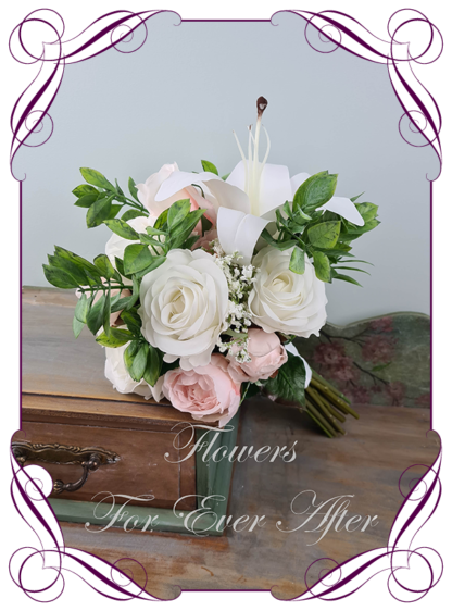 Silk artificial succulent, lilies and roses wedding bridal bouquet flowers. Blush pink and white silk wedding florals, unusual romantic realistic fake wedding flowers. Made in Melbourne Australia. Buy online..