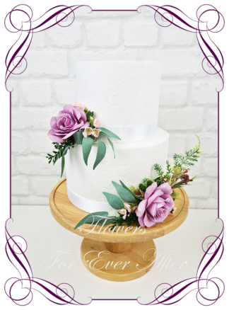 Silk artificial wedding engagement birthday cake flowers decoration. Light purple floral cake design. Made in Melbourne. Buy online