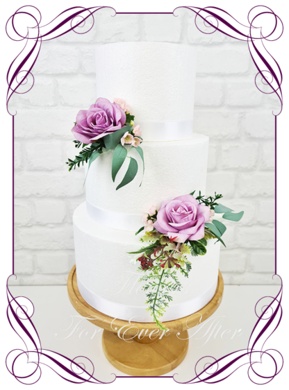 Silk artificial wedding engagement birthday cake flowers decoration. Light purple floral cake design. Made in Melbourne. Buy online