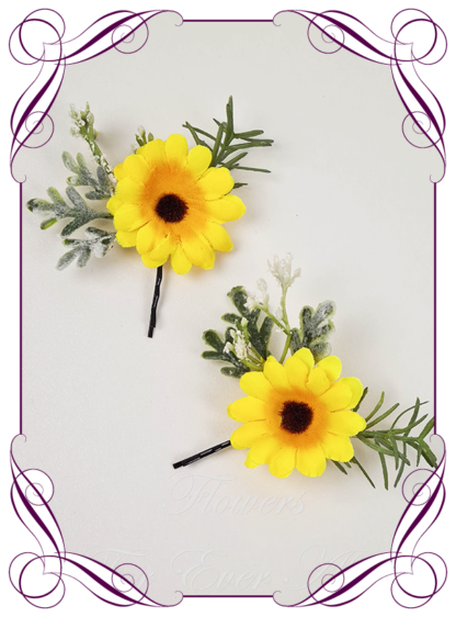 Silk artificial sunflower yellow daisy hair pins, floral hair pins, sunflower hair flowers. Made in Melbourne. Shipping worldwide.