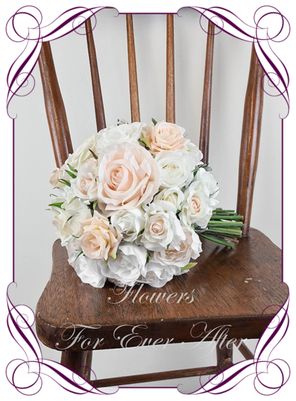Silk artificial wedding bouquet ideas. Mixed ivory white blush peach apricot faux silk bridal bouquet wedding posy set flowers. Roses, peonies. Elegant romantic wedding posy bouquet. Made in Melbourne. Buy online. Shipping worldwide.