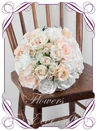 Silk artificial wedding bouquet ideas. Mixed ivory white blush peach apricot faux silk bridal bouquet wedding posy set flowers. Roses, peonies. Elegant romantic wedding posy bouquet. Made in Melbourne. Buy online. Shipping worldwide.