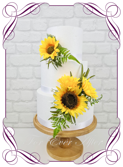Silk artificial wedding engagement birthday cake flowers decoration. Sunflower floral cake design. Made in Melbourne. Buy online