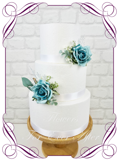 Silk artificial wedding engagement birthday cake flowers decoration. Turquoise floral cake design. Made in Melbourne. Buy online