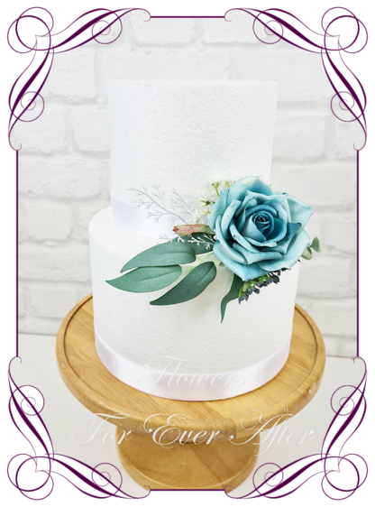 Silk artificial wedding engagement birthday cake flowers decoration. Turquoise floral cake design. Made in Melbourne. Buy online