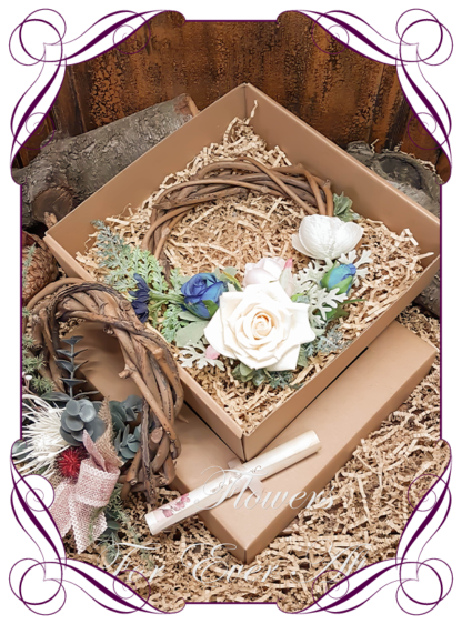 Silk flower mini wreath floral gift arrangements. Bespoke gifts for her with personalised letter. Made in Melbourne by Australia's best bridal florist. Delivery Worldwide.
