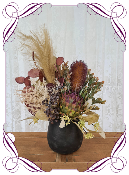 Silk artificial home office table gift decor arrangement. Australian natives banksia, pampas and gum nuts.. Buy online for birthday present, lockdown gift. Made in Melbourne