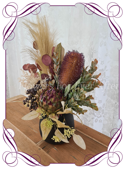 Silk artificial home office table gift decor arrangement. Australian natives banksia, pampas and gum nuts.. Buy online for birthday present, lockdown gift. Made in Melbourne