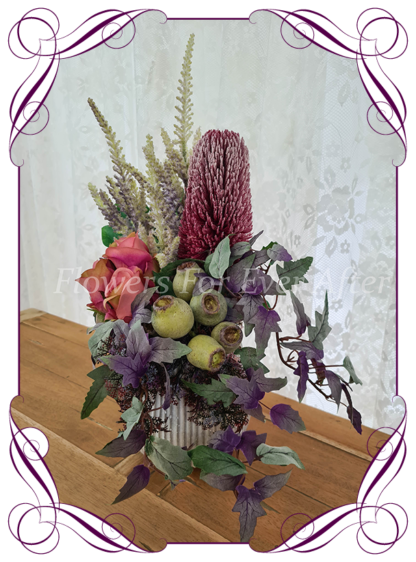 Silk artificial home office table gift decor arrangement. Australian natives banksia, roses and gum nuts.. Buy online for birthday present, lockdown gift. Made in Melbourne