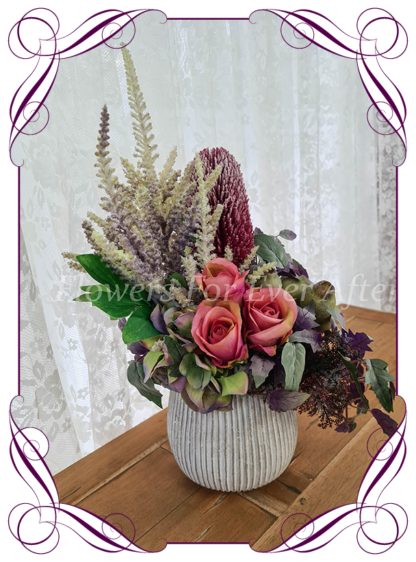 Silk artificial home office table gift decor arrangement. Australian natives banksia, roses and gum nuts.. Buy online for birthday present, lockdown gift. Made in Melbourne