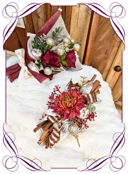 Christmas Floral Cinnamon Stick Hamper, artificial silk flowers by melbournes best wedding florist. Amazing christmas cinnamon stick bundles with personalised message and added gift. Melbournes best silk bridal florist. Delivery worldwide.