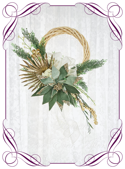 Green Gold Artificial floral Christmas wreath for door or wall, featuring artificial green poinsettias, gold palm, berries and artificial foliage’s. Made by Melbourne’s Best Silk Bridal Florist creating unique artificial wedding flower packages. Delivery worldwide. Custom orders welcome.