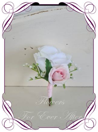silk artificial gents mens button grooms groomsmans boutonierre for wedding and formal / prom. White rose and pink mens flower. Made in Melbourne Australia. Buy online, shipping world wide.