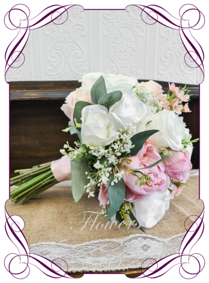Silk artificial ivory, light pink and blush pink elegant wedding bridal bouquet posy. Roses, native gum foliage leaves, baby's breath, peonies. Made in Melbourne Australia, post worldwide. Elopement. Eloping bouquet flowers.