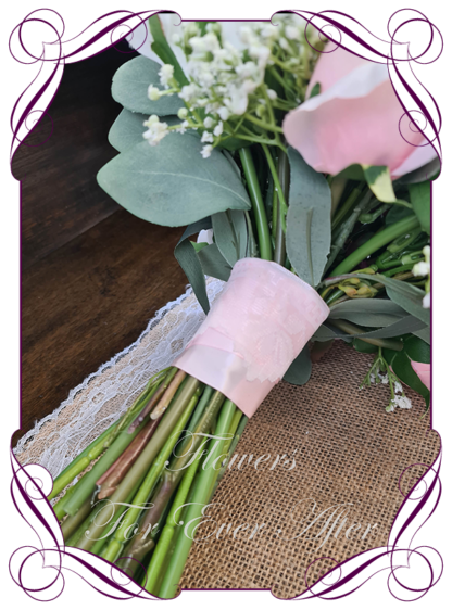 Silk artificial ivory, light pink and blush pink elegant wedding bridal bouquet posy. Roses, native gum foliage leaves, baby's breath, peonies. Made in Melbourne Australia, post worldwide. Elopement. Eloping bouquet flowers.