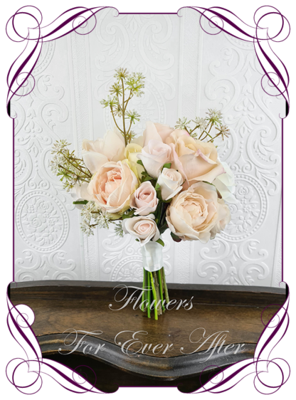 Silk artificial wedding bouquet ideas. Mixed soft pastel and blush pink faux silk bridal bouquet wedding posy set flowers. Roses, dahlia, peonies. Elegant romantic wedding posy bouquet. Made in Melbourne. Buy online. Shipping worldwide.