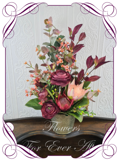 Silk artificial home office table gift decor arrangement. Australian natives protea burgundy colours and blush pink. Buy online for birthday present, gift. Made in Melbourne