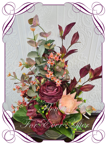 Silk artificial home office table gift decor arrangement. Australian natives protea burgundy colours and blush pink. Buy online for birthday present, gift. Made in Melbourne