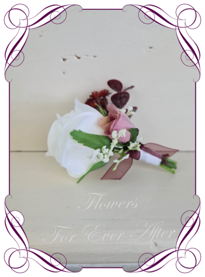 silk artificial gents mens button grooms groomsmans boutonierre for wedding and formal / prom. White rose, burgundy, and pink mens flower. Made in Melbourne Australia. Buy online, shipping world wide.