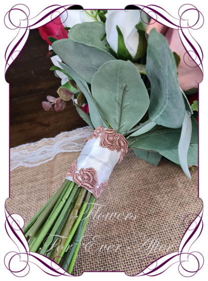 Silk artificial burgundy, ivory, dusty pink and blush pink elegant wedding bridal bouquet posy. Roses, native gum foliage leaves, peonies. Made in Melbourne Australia, post worldwide. Elopement. Eloping bouquet flowers.