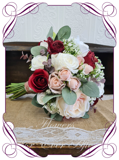 Silk artificial burgundy, ivory, dusty pink and blush pink elegant wedding bridal bouquet posy. Roses, native gum foliage leaves, peonies. Made in Melbourne Australia, post worldwide. Elopement. Eloping bouquet flowers.
