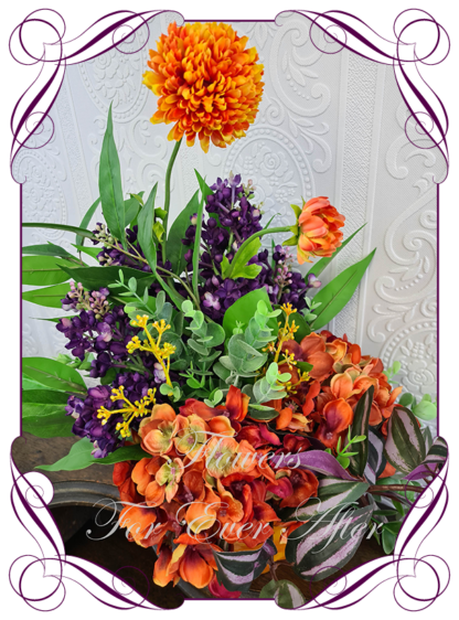 Silk artificial home office table gift decor arrangement. Bright colourful purple and orange hydrangea and dahlia. Buy online for birthday present, gift. Made in Melbourne
