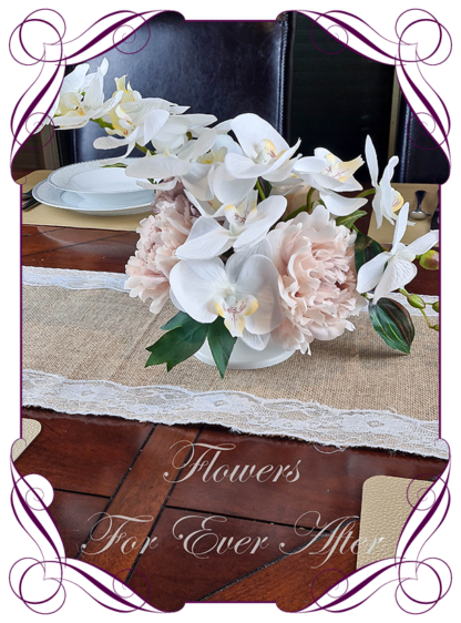 Silk artificial wedding christening birthday table centrepiece decoration garland nude champagne blush pink mauve peonies moth phalaenopsis orchids. Roses and orchid wedding table arrangement centrepiece flowers. Realistic fake wedding flowers. Made in Melbourne Australia. Buy online..