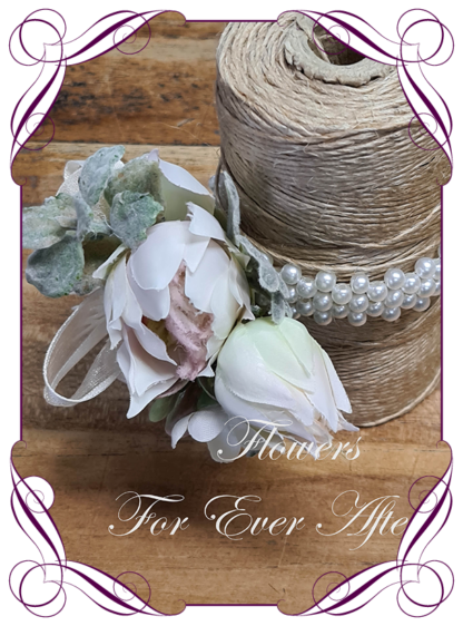 silk artificial ladies wedding formal prom wrist corsage. Blush and ivory white native Australian silk flowers.