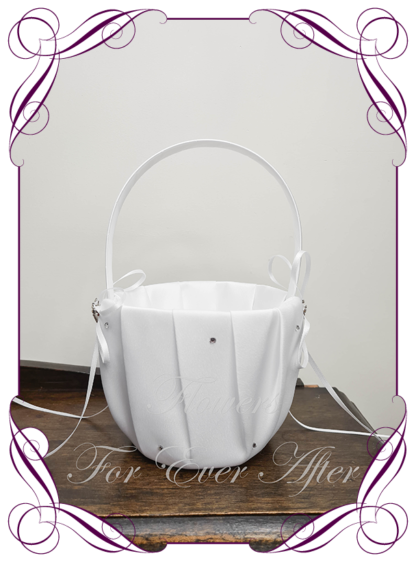 White satin flower girl wedding basket for petals, confetti and scatters. Buy online. Located in Melbourne Australia