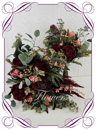 Silk artificial dark moody native Australian bridal bouquet package set. Burgundy red and pink protea, berries, eucalypt. Made in Melbourne. Buy online. Shipping worldwide. Wedding bouquet ideas.