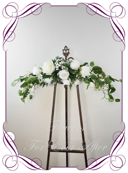 Silk artificial arbor sign wedding decoration florals. Bridal white peonies roses and baby's breath silk flowers. Made in Melbourne. Buy online. Arbor flowers. Sign flowers