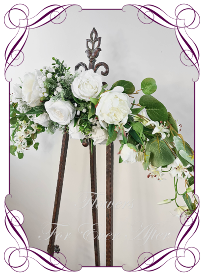 Silk artificial arbor sign wedding decoration florals. Bridal white peonies roses and baby's breath silk flowers. Made in Melbourne. Buy online. Arbor flowers. Sign flowers