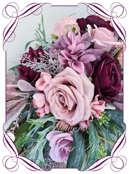 Silk artificial pink and purple arbor, bridal table, centrepiece, sign or pew decoration for wedding commitment ceremony. Silk flower centrepieces. Buy Online. Shipping world wide by Australia's best bridal florist.