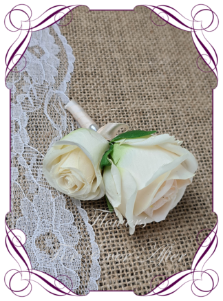 Silk artificial mens formal wedding boutonniere, grooms gents lapel flower. Simple nude peach and cream rose. Made in Melbourne. Shipping world wide