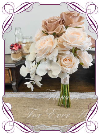 Silk artificial wedding bridal bouquet ideas. Soft pastel peach nude and coffee brown faux silk bridal bouquet wedding posy set flowers. Roses and orchids in a romantic simple bouquet design. Elegant romantic wedding posy bouquet. Made in Melbourne. Buy online. Shipping worldwide.