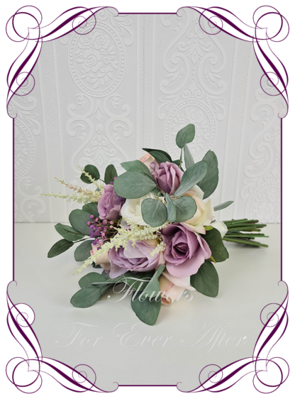 Silk artificial wedding bouquet ideas. Purple Lilac Pink and ivory white roses peonies native australian gum leaves loose mixed style faux silk bridesmaid bouquet wedding posy set flowers. Elegant romantic wedding posy bouquet. Made in Melbourne. Buy online. Shipping worldwide.