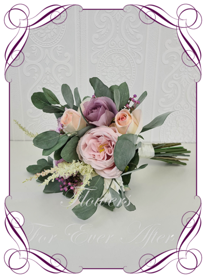 Silk artificial wedding bouquet ideas. Purple Lilac Pink and ivory white roses peonies native australian gum leaves loose mixed style faux silk bridesmaid bouquet wedding posy set flowers. Elegant romantic wedding posy bouquet. Made in Melbourne. Buy online. Shipping worldwide.