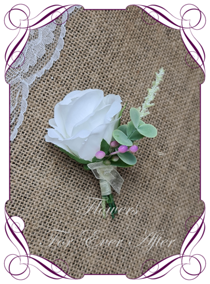 Silk artificial mens formal wedding boutonniere, grooms gents lapel flower. Simple white and light purple rose. Made in Melbourne. Shipping world wide
