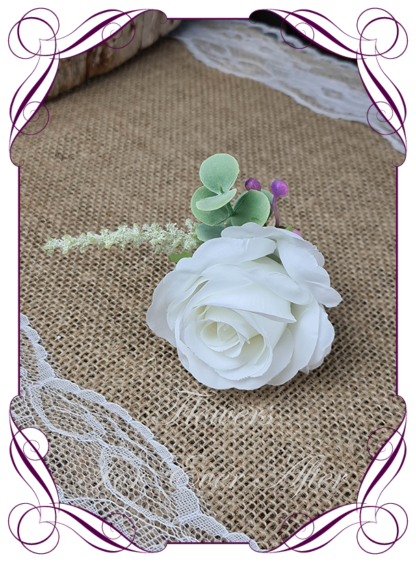 Silk artificial mens formal wedding boutonniere, grooms gents lapel flower. Simple white and light purple rose. Made in Melbourne. Shipping world wide