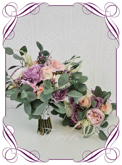 Silk artificial wedding bouquet ideas. Purple Lilac Pink and ivory white roses peonies native australian gum leaves loose mixed style faux silk bridal bouquet wedding posy set flowers. Elegant romantic wedding posy bouquet. Made in Melbourne. Buy online. Shipping worldwide.