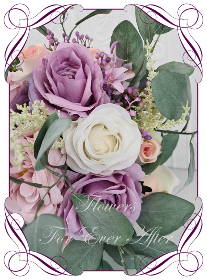 Silk artificial wedding bouquet ideas. Purple Lilac Pink and ivory white roses peonies native australian gum leaves loose mixed style faux silk bridal bouquet wedding posy set flowers. Elegant romantic wedding posy bouquet. Made in Melbourne. Buy online. Shipping worldwide.