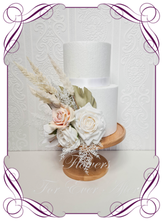 Silk artificial wedding engagement birthday cake flowers decoration. Neutral romantic boho dry look blush pink, cream, and white floral cake design. Made in Melbourne. Buy online