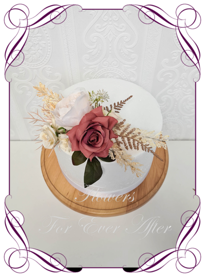 Silk artificial wedding engagement birthday cake flowers decoration. Neutral romantic boho dry look pink, cream, and white floral cake design. Made in Melbourne. Buy online