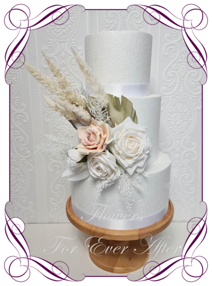 Silk artificial wedding engagement birthday cake flowers decoration. Neutral romantic boho dry look blush pink, cream, and white floral cake design. Made in Melbourne. Buy online