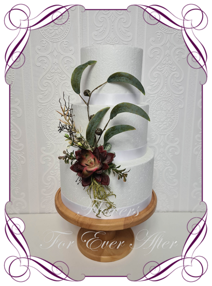 Silk artificial wedding engagement birthday cake flowers decoration. Native and burgundy succulent unique unusual floral cake design. Made in Melbourne. Buy online