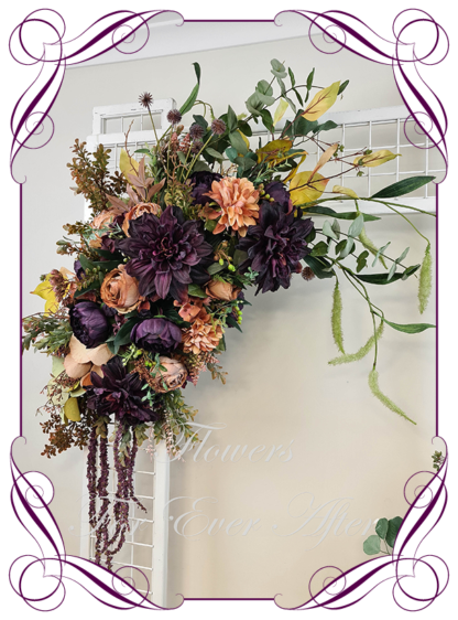 Silk artificial burnt amber orange and dark purple arbor, bridal table, centrepiece, sign or pew decoration for wedding commitment ceremony. Silk flower centrepieces. Buy Online. Shipping world wide by Australia's best bridal florist.